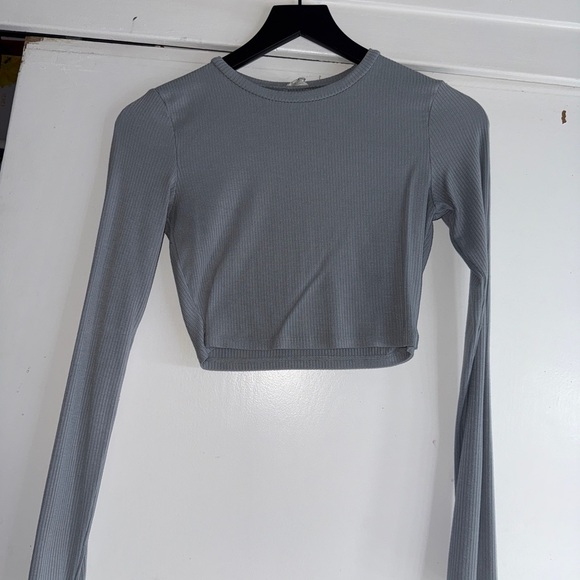 Garage Gray Blue Long Sleeve Fitted Crop Top - Picture 2 of 5